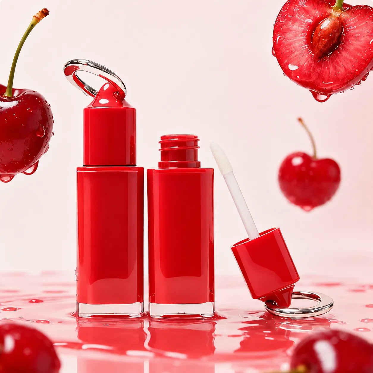 Kaiya red lip gloss tubes with cherry-inspired custom packaging design and wand applicator.