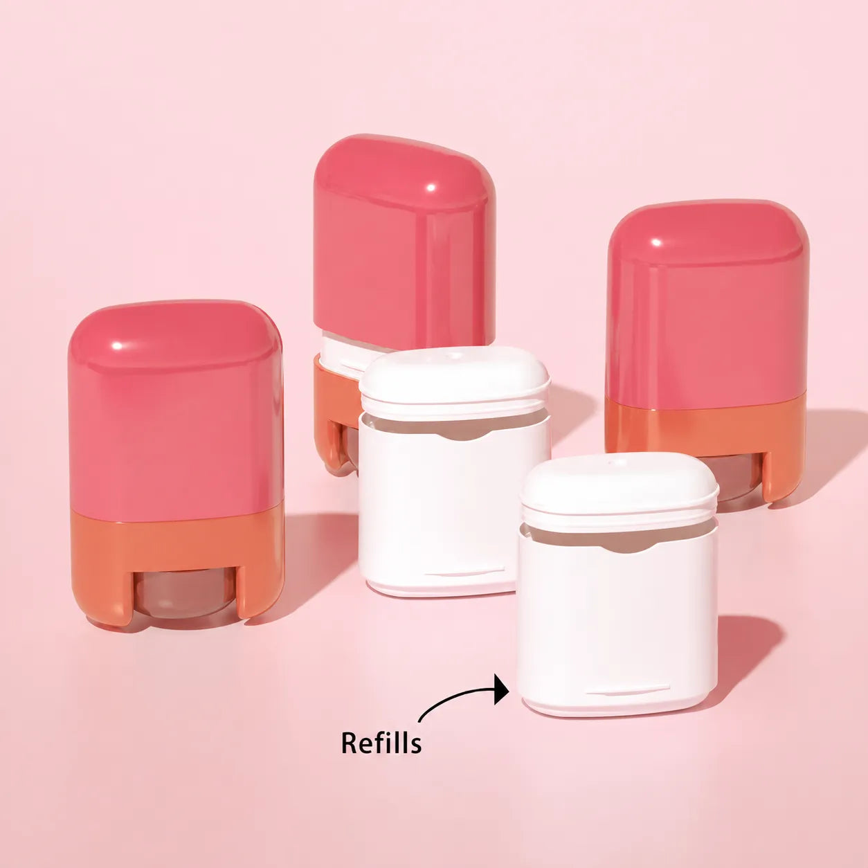 KAIYA refillable cosmetic containers showing blush stick packaging with refillable inner core and reusable outer container system