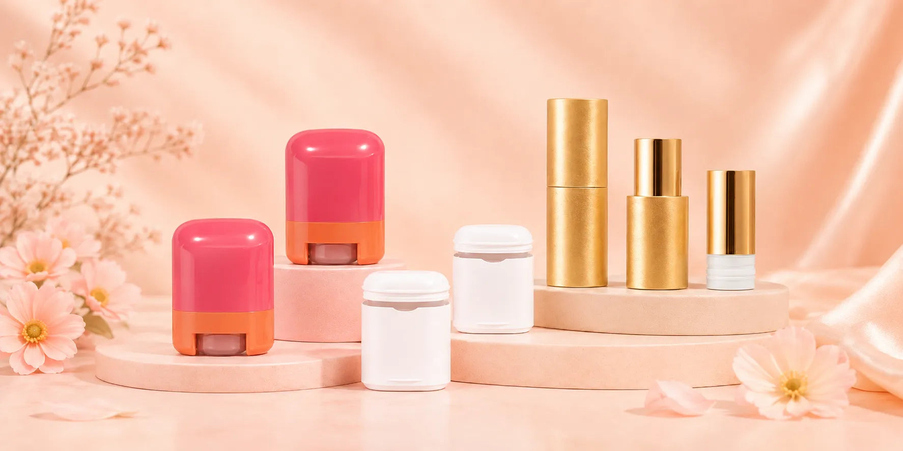 KAIYA refillable makeup containers featuring blush stick packaging with replaceable refill cores and gold aluminum stick packaging