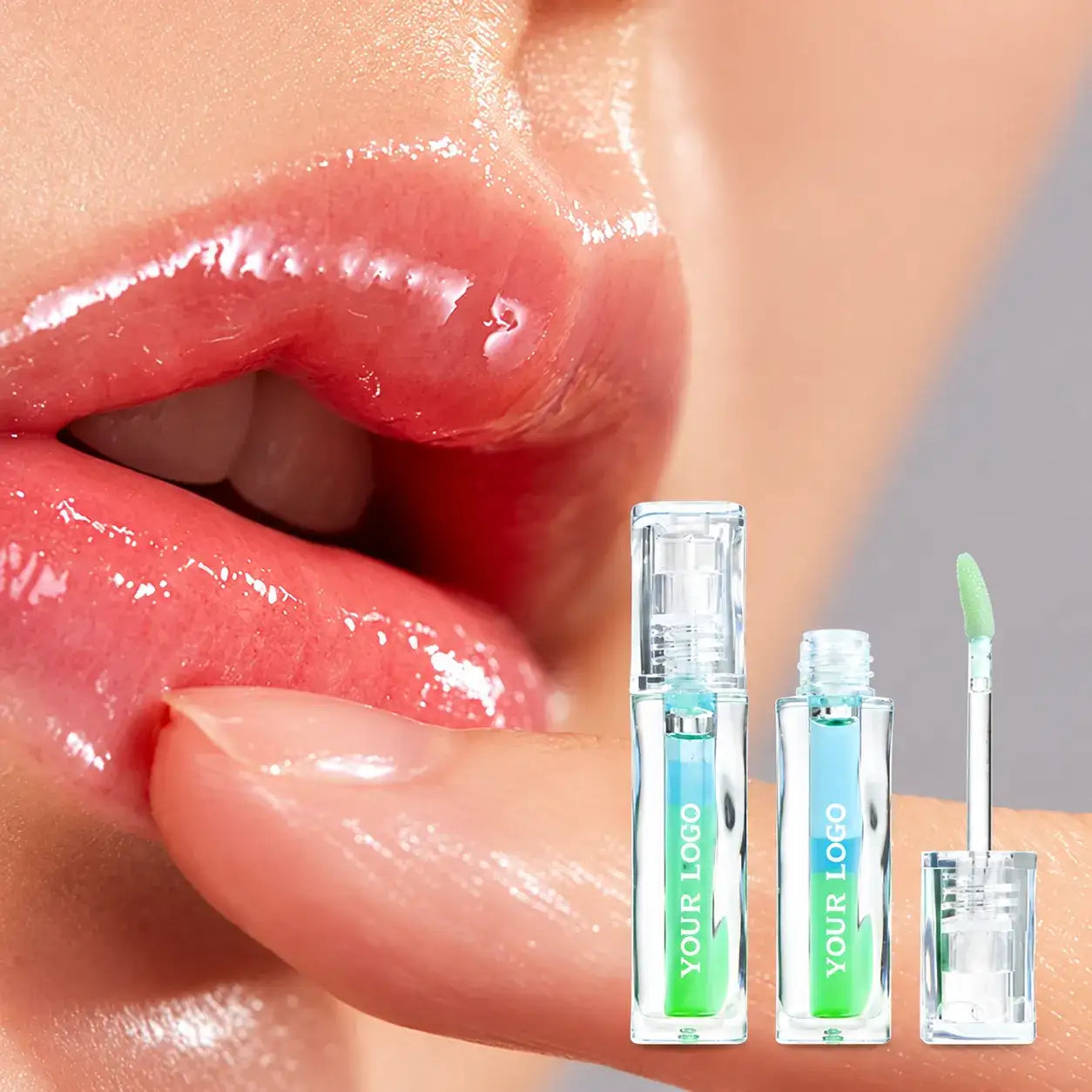 High-shine lips shown with rich moisturizing lip oil tubes for a cushioned glossy finish.
