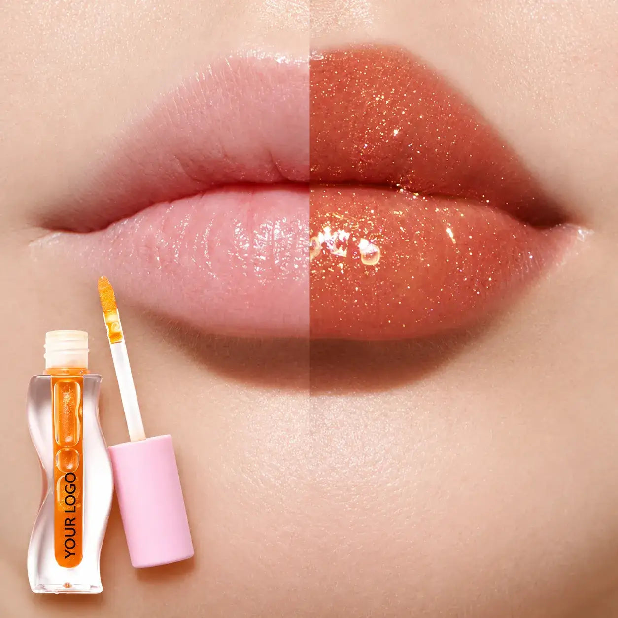 A before-and-after view of shimmer lip oil adding a luminous pearlescent finish to the lips.
