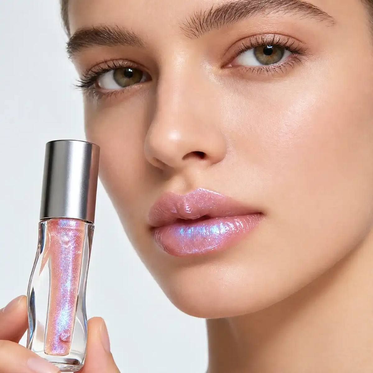 Shimmer plumping lip gloss with pink and blue pearlescent reflections on the lips and a tube with a black cap.