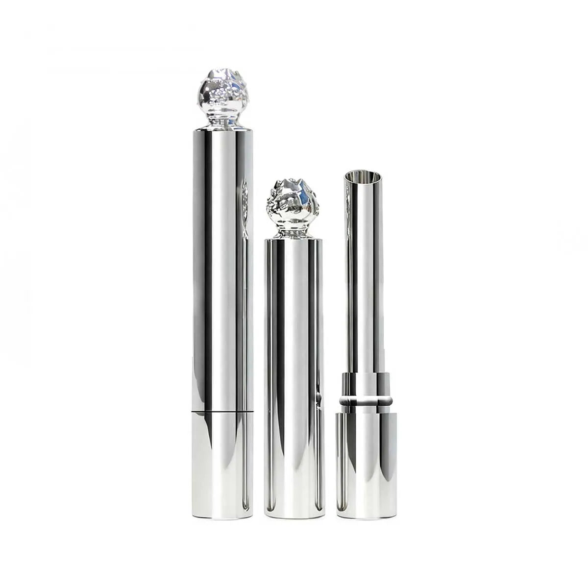 Kaiya silver lipstick tube with glossy silver finish and decorative cap design for custom lipstick packaging.