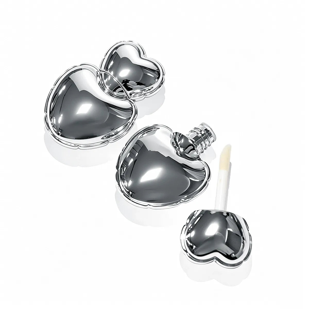 Kaiya silver packaging lip gloss tubes with heart shaped vacuum metallized design for decorative lip gloss packaging.