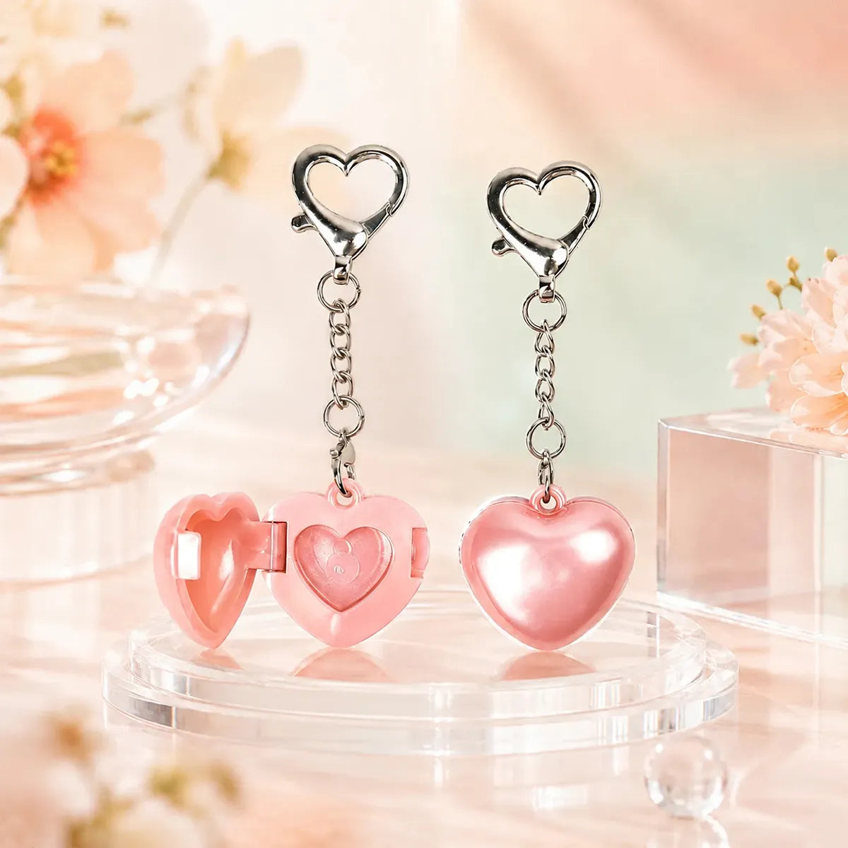Pink heart-shaped single eyeshadow containers with keychain design, suitable for cute single-pan eyeshadow, shimmer powder, and portable compact case projects.
