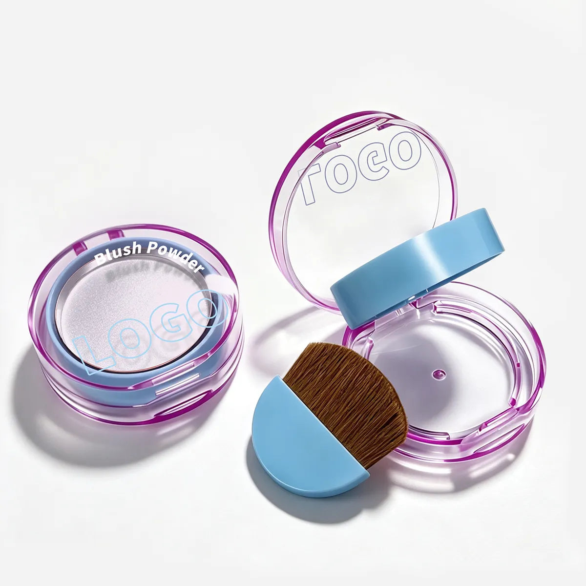 Clear round single eyeshadow pan packaging with blue accent and built-in brush, suitable for single-pan eye shadow, shimmer powder, and custom compact case projects.