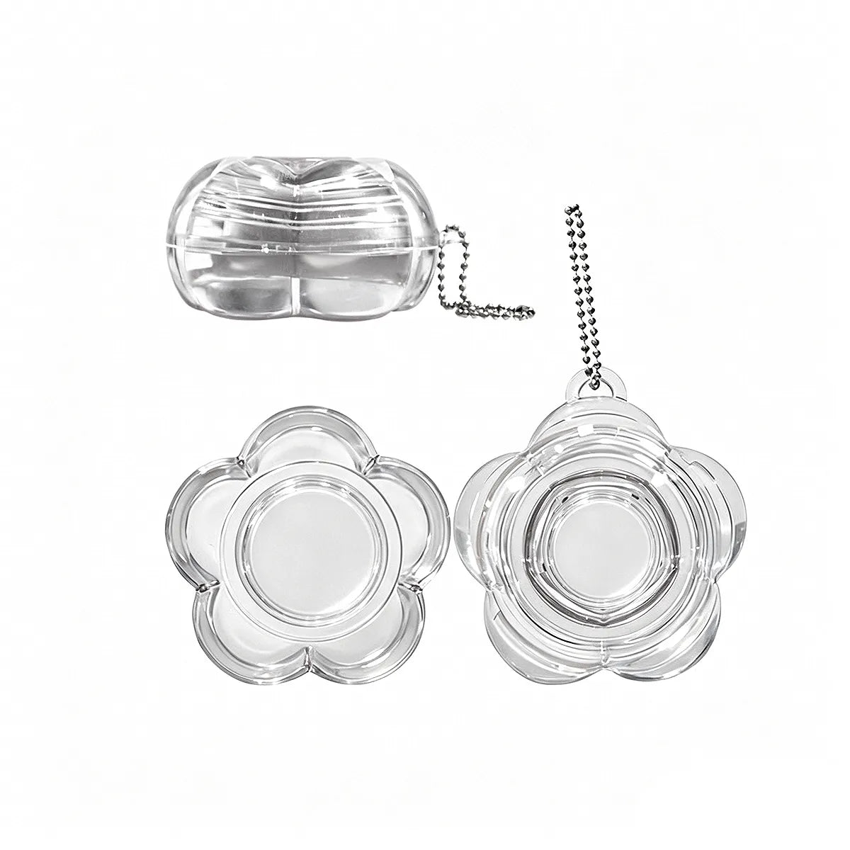 Kaiya small plastic makeup containers with clear flower case design for lip mask packaging, featuring empty mini cosmetic containers with chain detail.