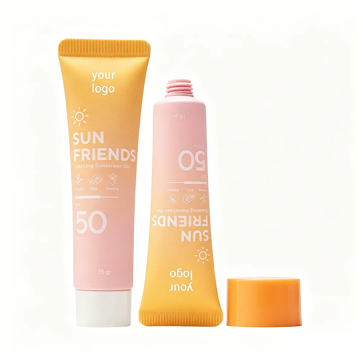 KAIYA sunscreen tube packaging in orange and pink design for sunscreen cream, lotion, or daily sun care products