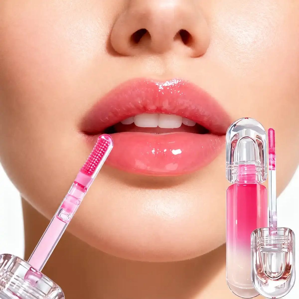 Tinted plumping lip oil with a sheer pink glossy finish, shown beside a clear bottle and applicator.