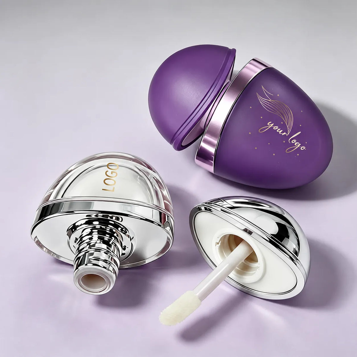 Kaiya unique lip gloss tubes with rounded egg-inspired molded structures and custom applicator packaging