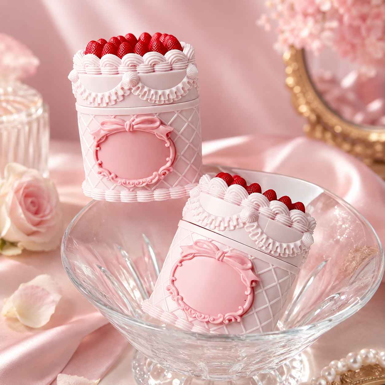Unique lip gloss tubes by KAIYA, featuring cake-shaped lip mud packaging with a pink decorative cosmetic container design.