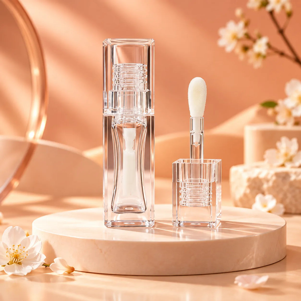 Kaiya unique lip gloss tubes in high-clarity PETG, featuring a thick-wall empty plastic lip gloss tube with clear square packaging
