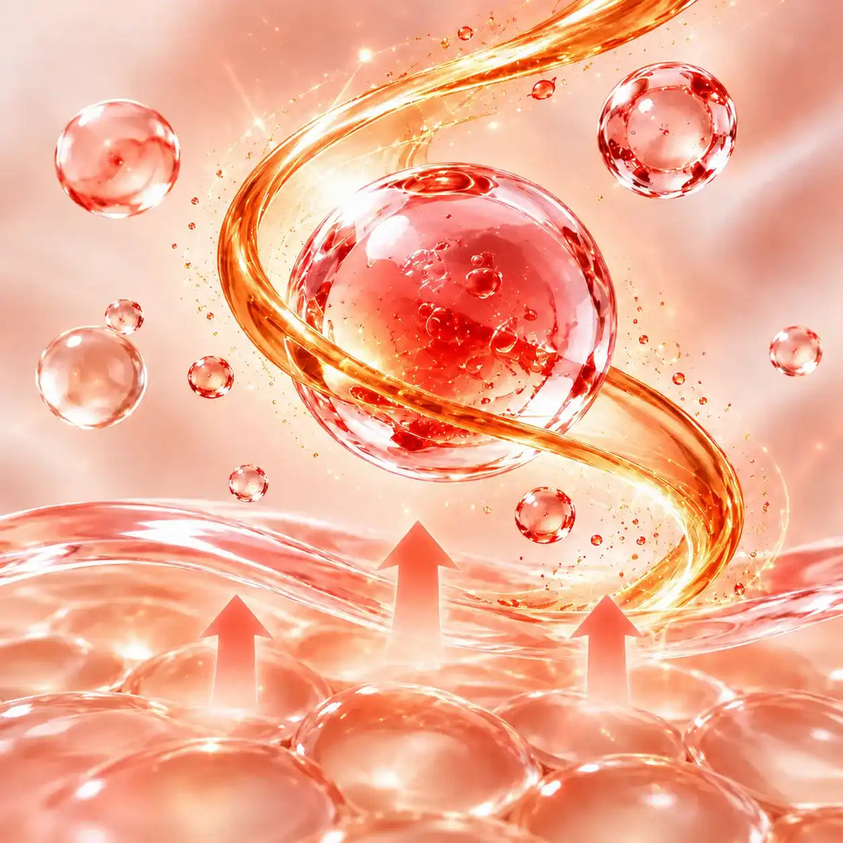 Concept illustration for warming lip plumper formulas, with pink spheres, golden swirls and upward arrows.