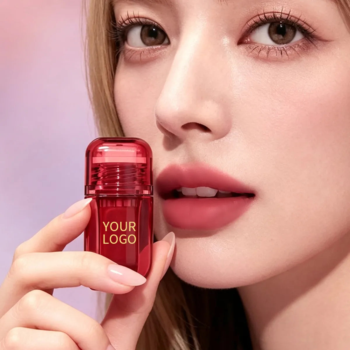 Model wearing soft-focus water-to-matte lip gloss and holding a custom red lip gloss tube