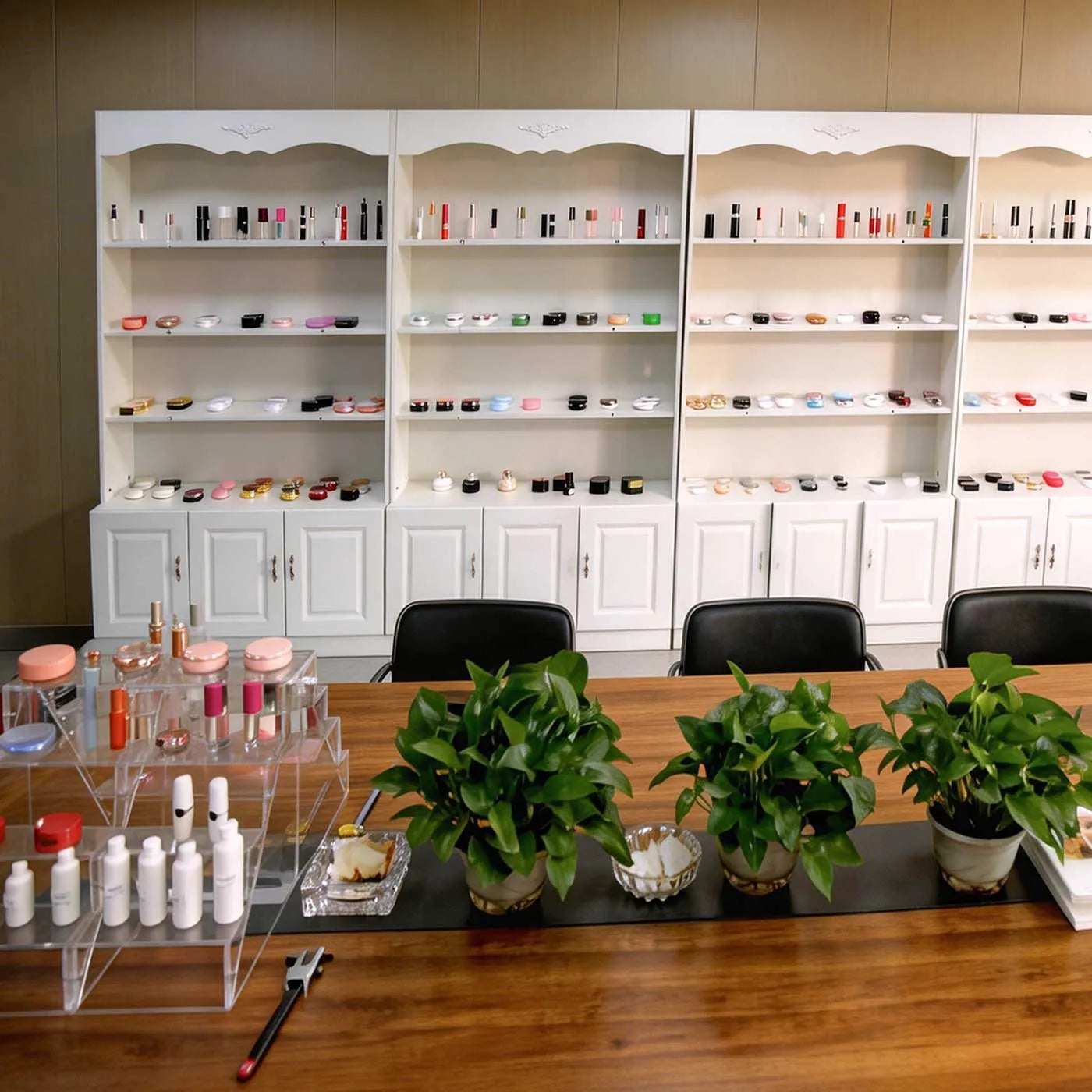 A wide range of wholesale cosmetics and beauty products displayed in our showroom, supported by our experienced wholesale makeup suppliers team for global buyers.