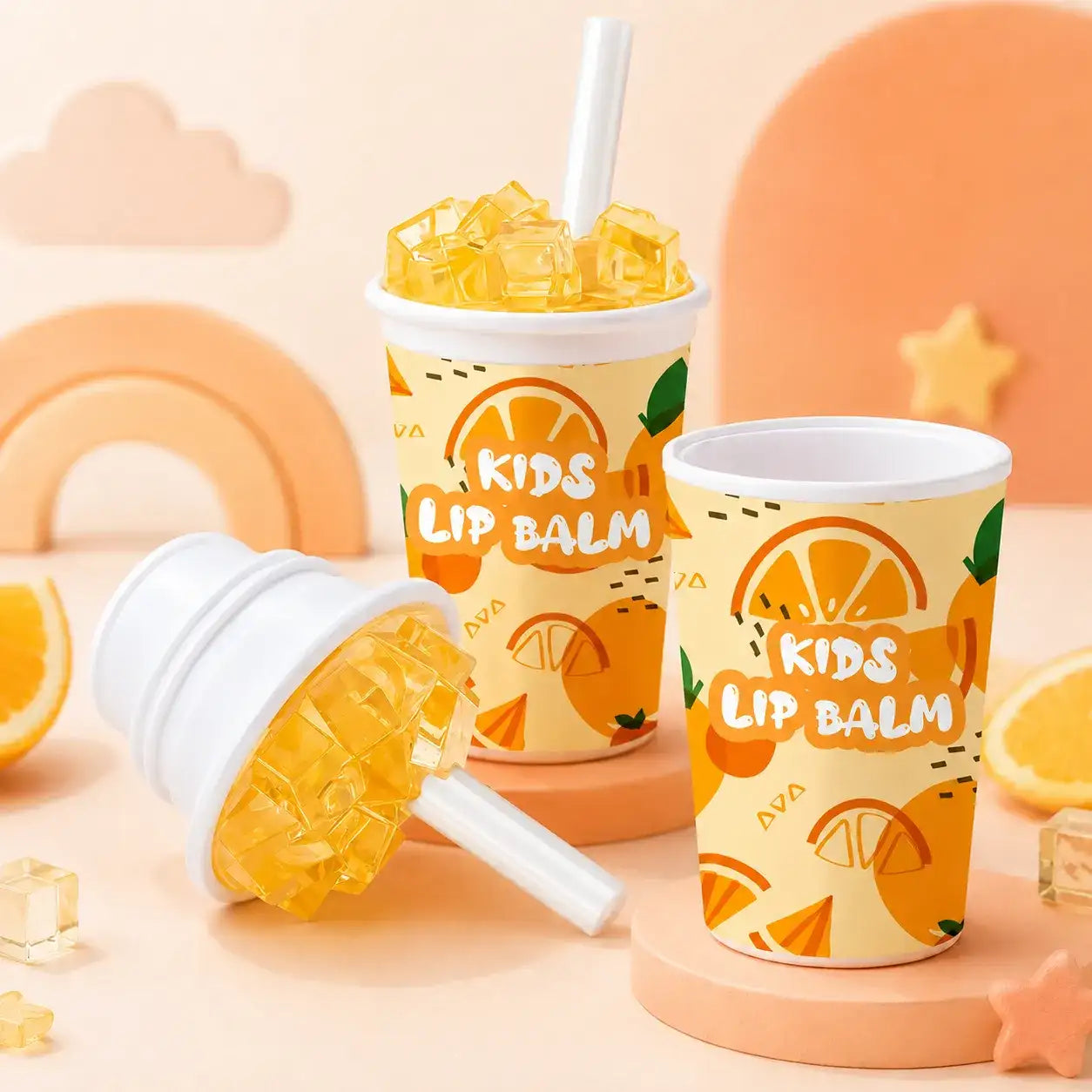 Lip balm packaging with heat transfer printing, featuring colorful kids lip balm container designs and clear printed patterns for custom cosmetic packaging.