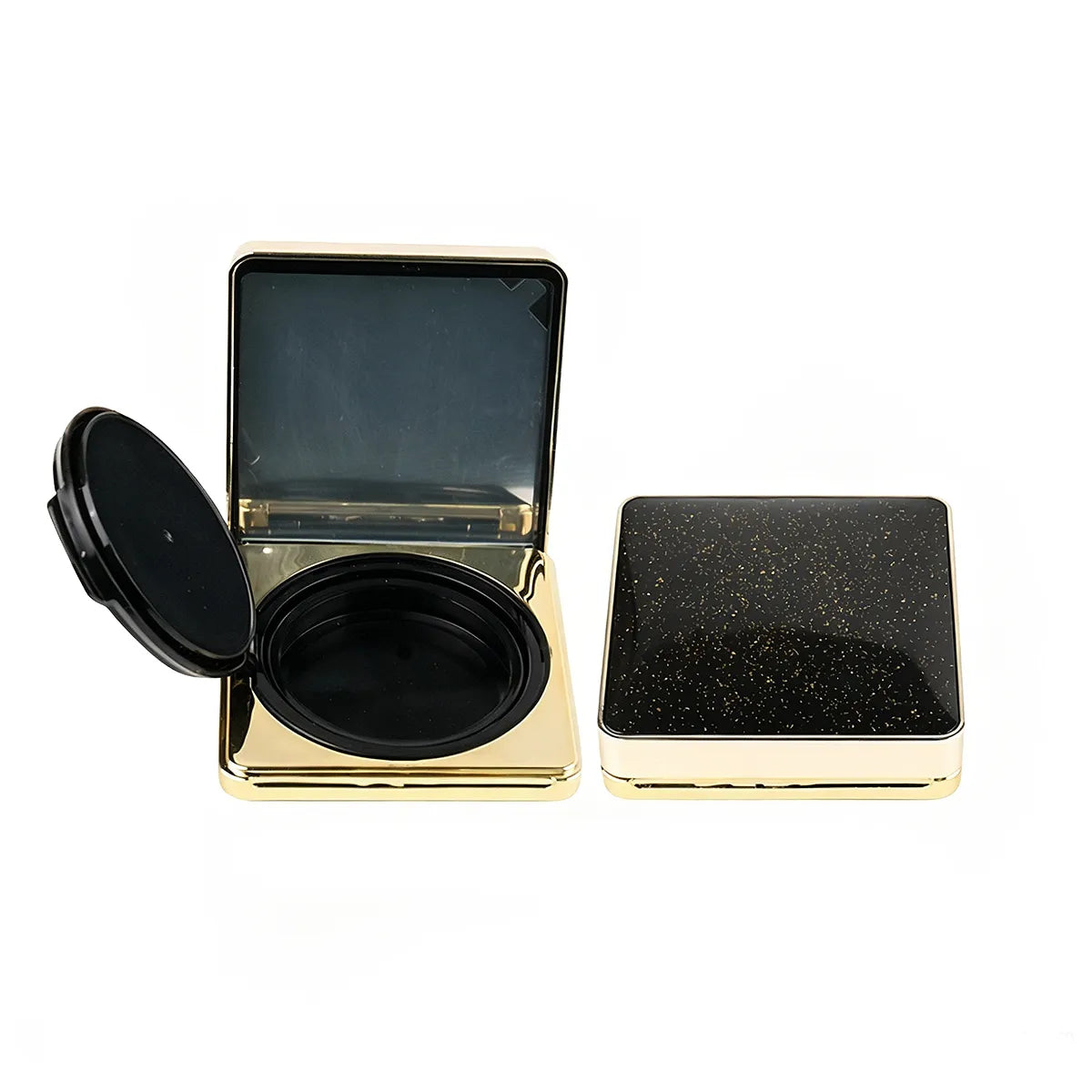 Magnetic empty cushion foundation case in a black square compact with mirror and gold trim for Kaiya cushion foundation packaging.