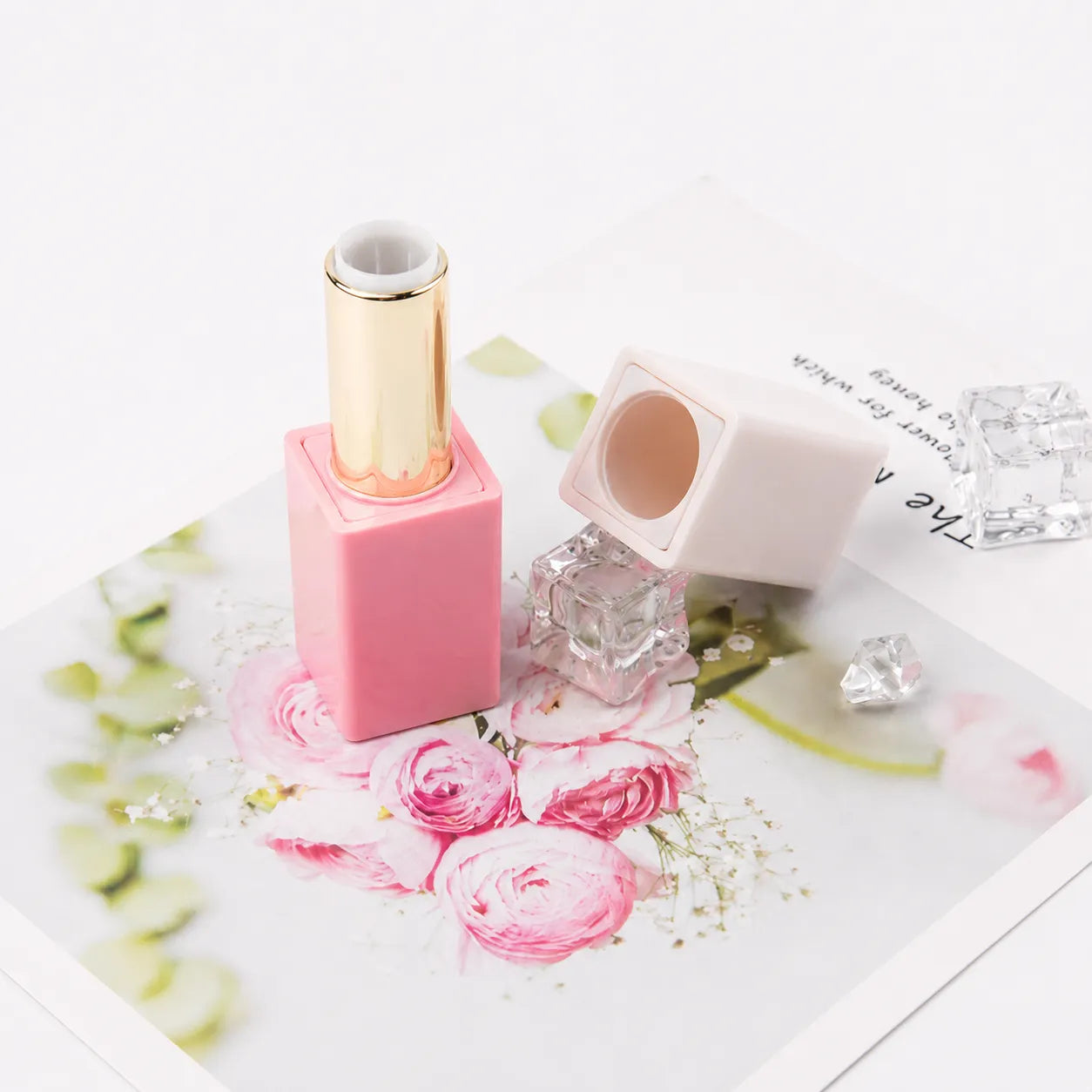 Pink magnetic lipstick tube with square case design for Kaiya custom magnetic cosmetic containers.