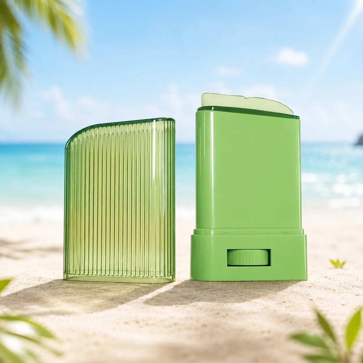 Sunscreen packaging with green twist-up stick container by KAIYA