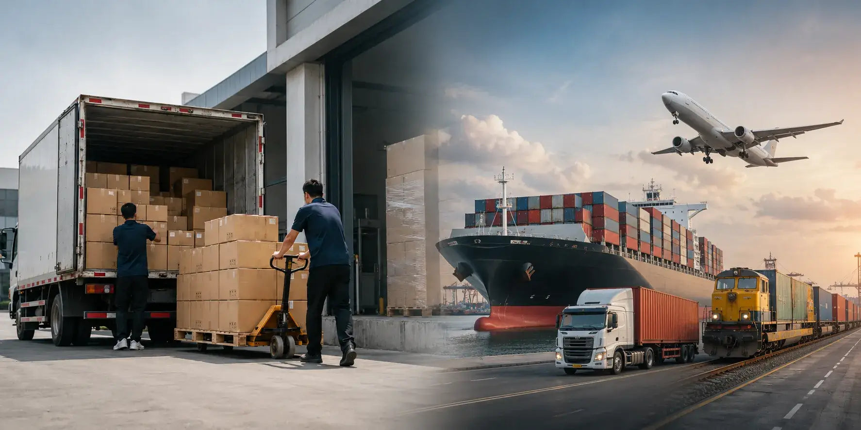 International shipping for cosmetic packaging projects showing warehouse loading, sea freight, air freight, truck transport, and rail freight options