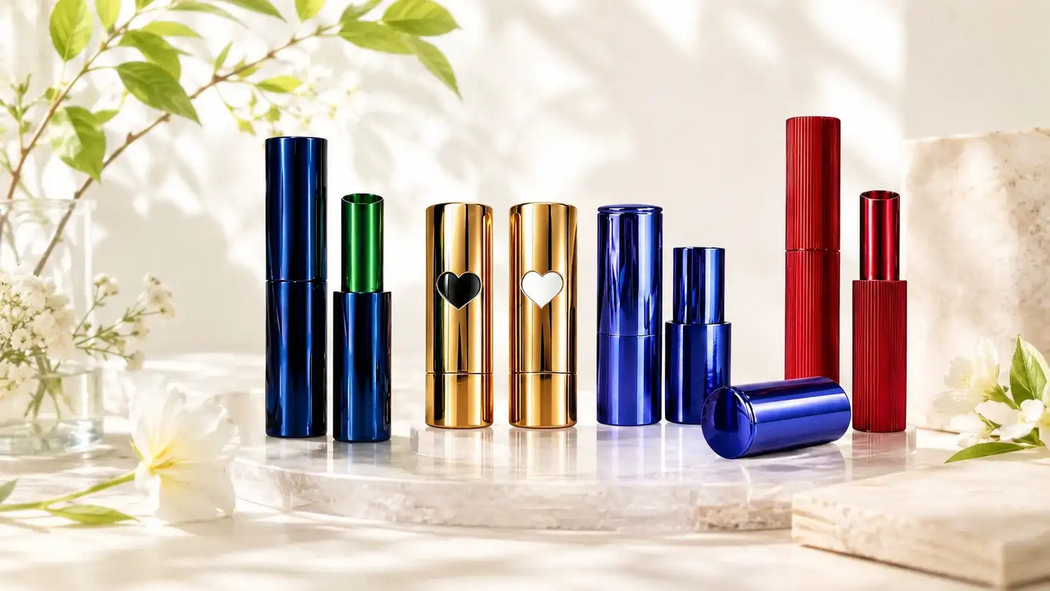 Colorful aluminum empty lipstick containers in blue, green, gold, and red metallic finishes, suitable for custom lipstick tube packaging projects.