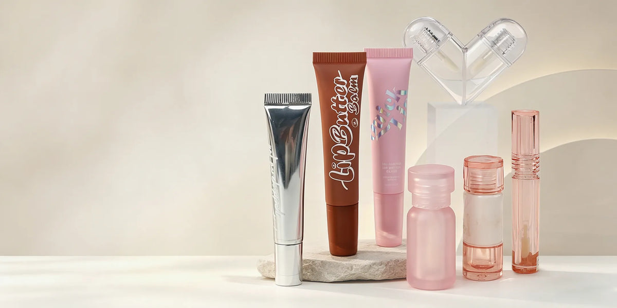 KAIYA lip gloss containers in different tube shapes, caps and clear packaging styles for custom color cosmetic projects