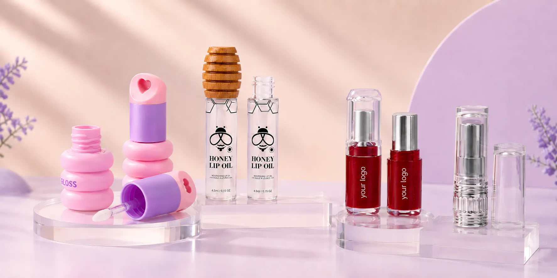 Kaiya lip gloss packaging, lip balm packaging, and lipstick packaging collection in assorted custom container styles
