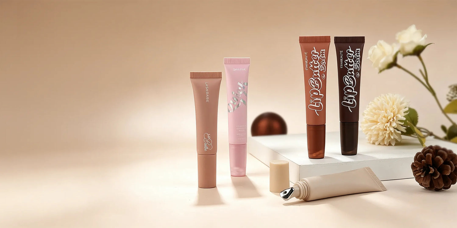 Kaiya lip gloss squeeze tube containers in soft colors for custom lip gloss packaging projects.