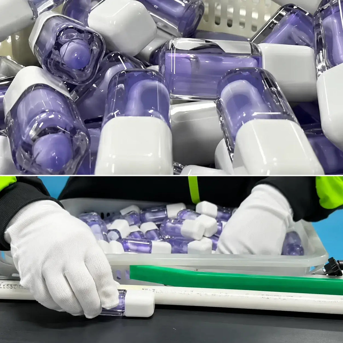 Filled private label lip plumper products being organized on KAIYA’s cosmetics production line.