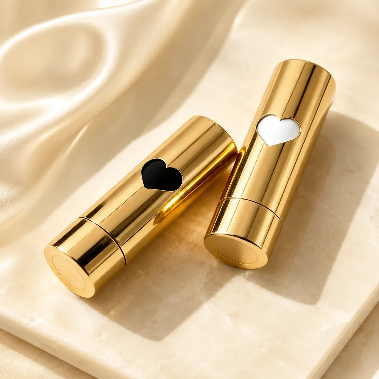 Aluminum lipstick tube with heart cutout design and luxury aluminum lipstick packaging in shiny gold metal finish