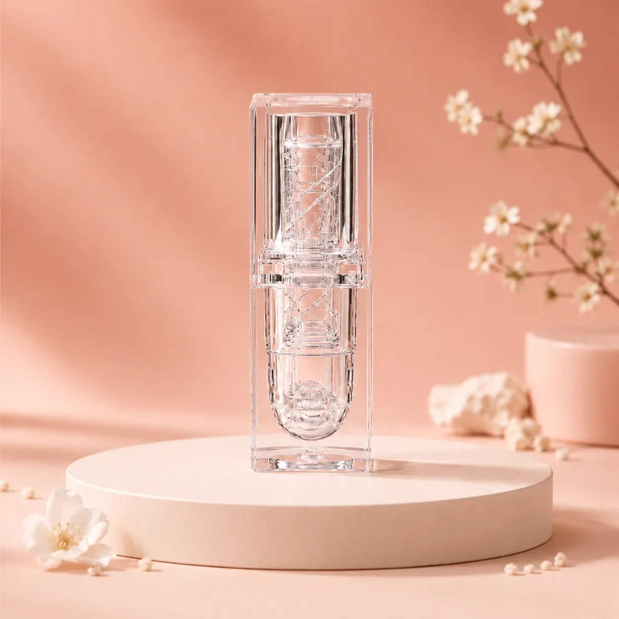 Clear lip balm containers with transparent packaging, thick PETG material appearance, and clean empty lipstick-style structure for custom cosmetic packaging.