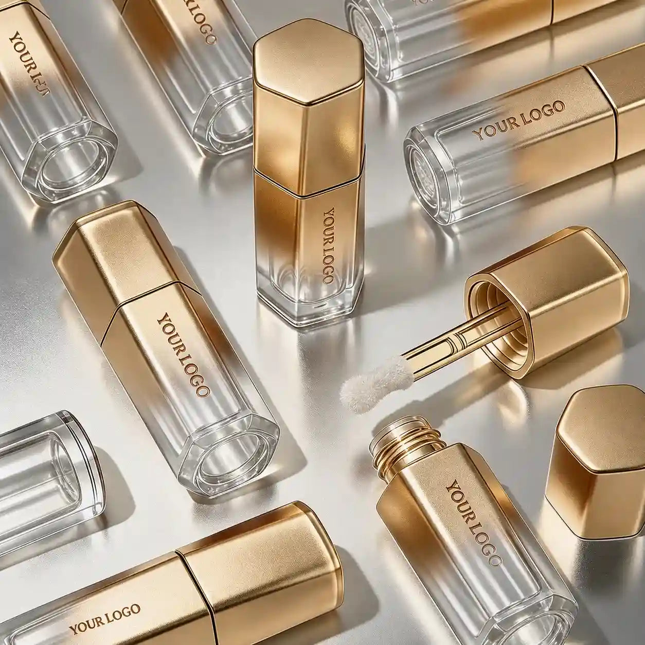 Clear lip gloss tube with laser engraving logo detail, gold cap finish, transparent bottle body, and luxury cosmetic packaging design.