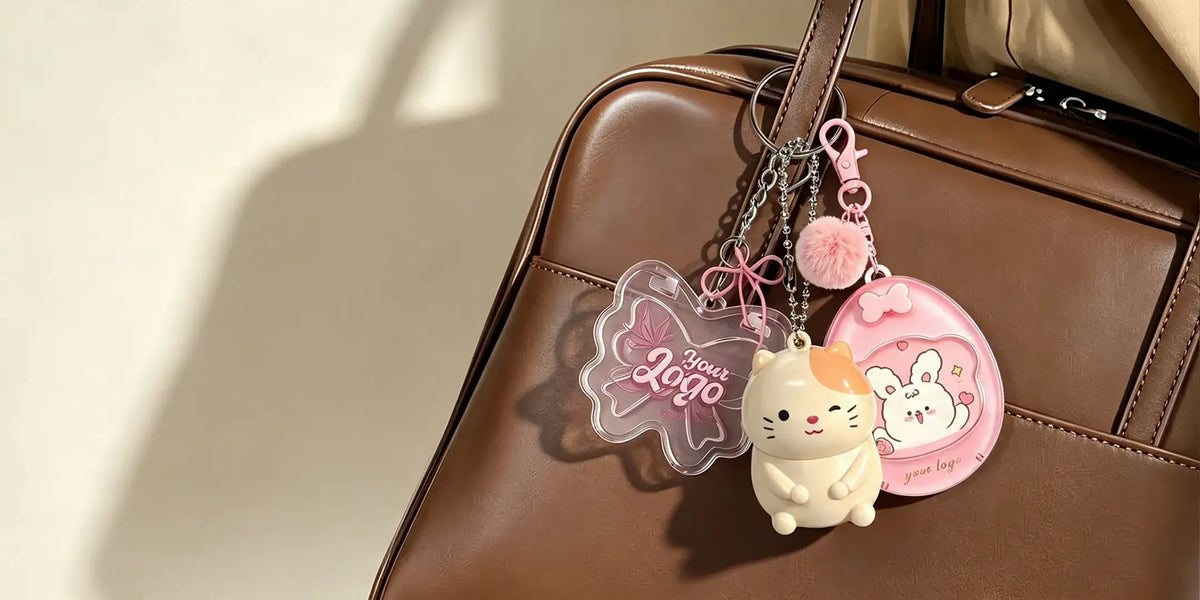 Custom keychain packaging with personalized logo design, featuring cute acrylic keychain accessories for branded beauty and promotional packaging projects