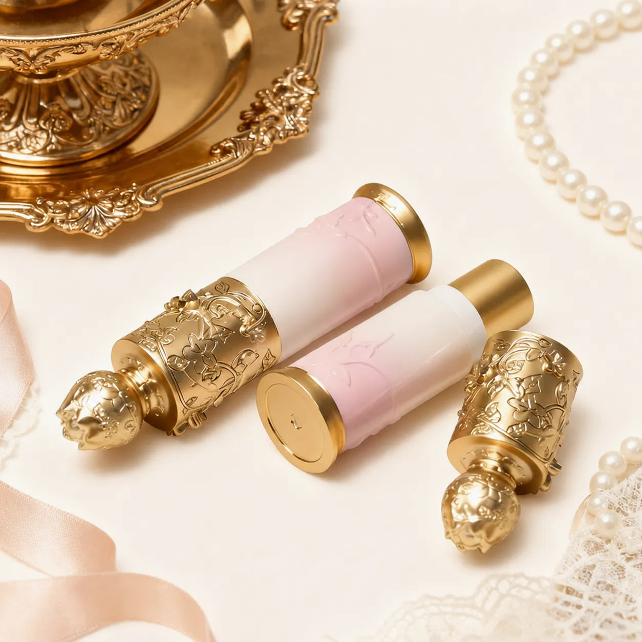 Custom lipstick tubes with a luxury pink and gold lipstick package design for decorative cosmetic brands.