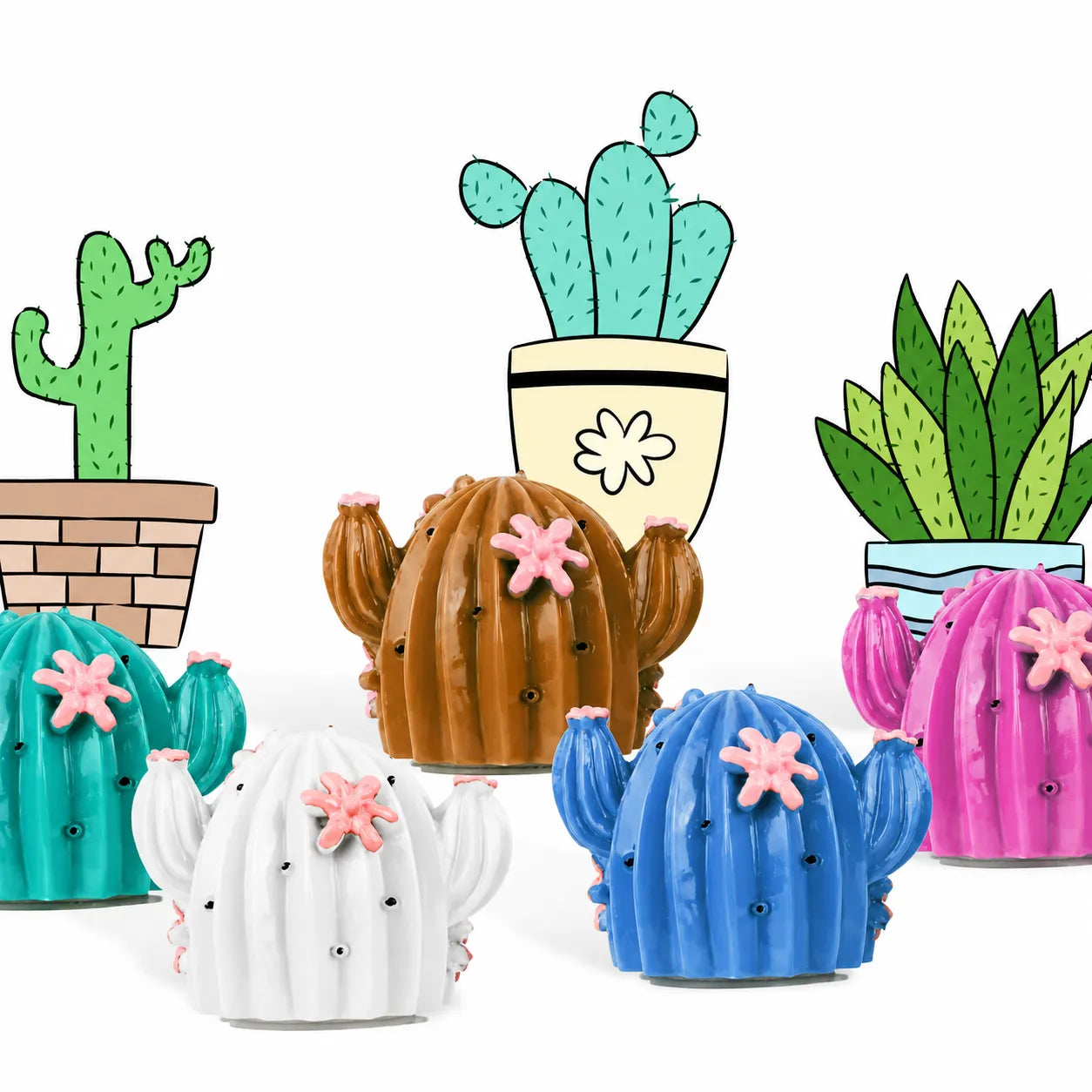 Kaiya cute packaging cosmetics with colorful cactus-shaped containers, flower details, and playful novelty styling.