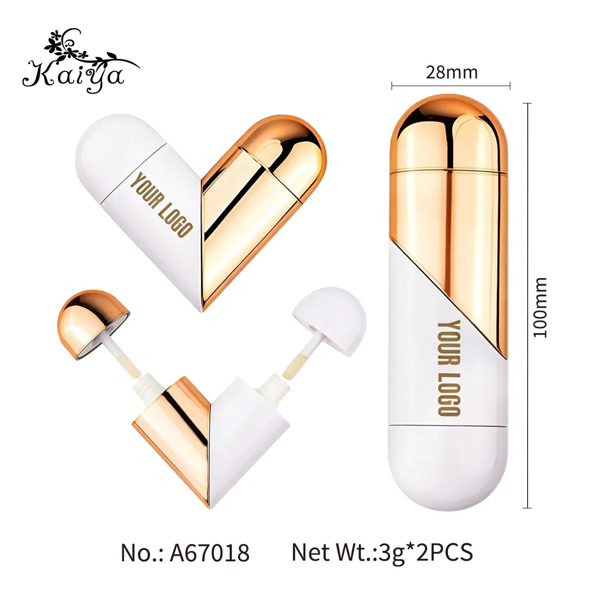 Double-ended lip gloss tube showing heart shape, applicators and product dimensions
