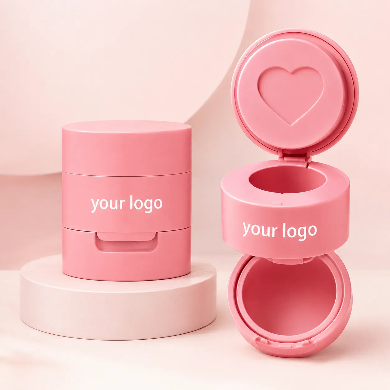 Empty cushion foundation case in pink plastic packaging with round compact design and custom logo area