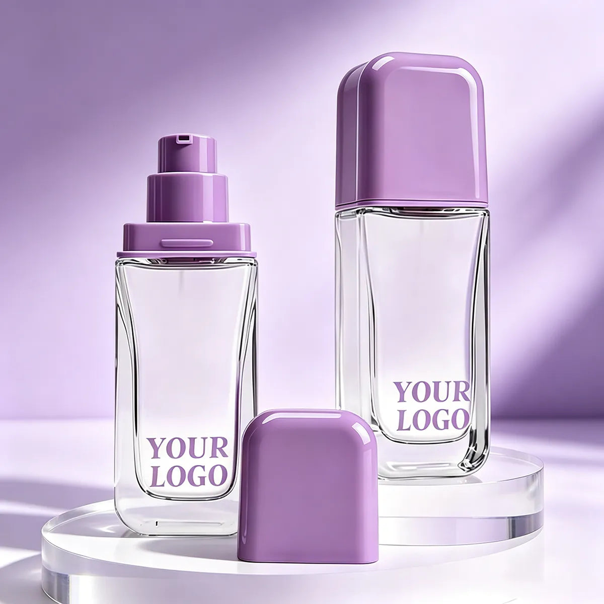Empty foundation bottle with purple pump cap and clear bottle body for liquid foundation packaging
