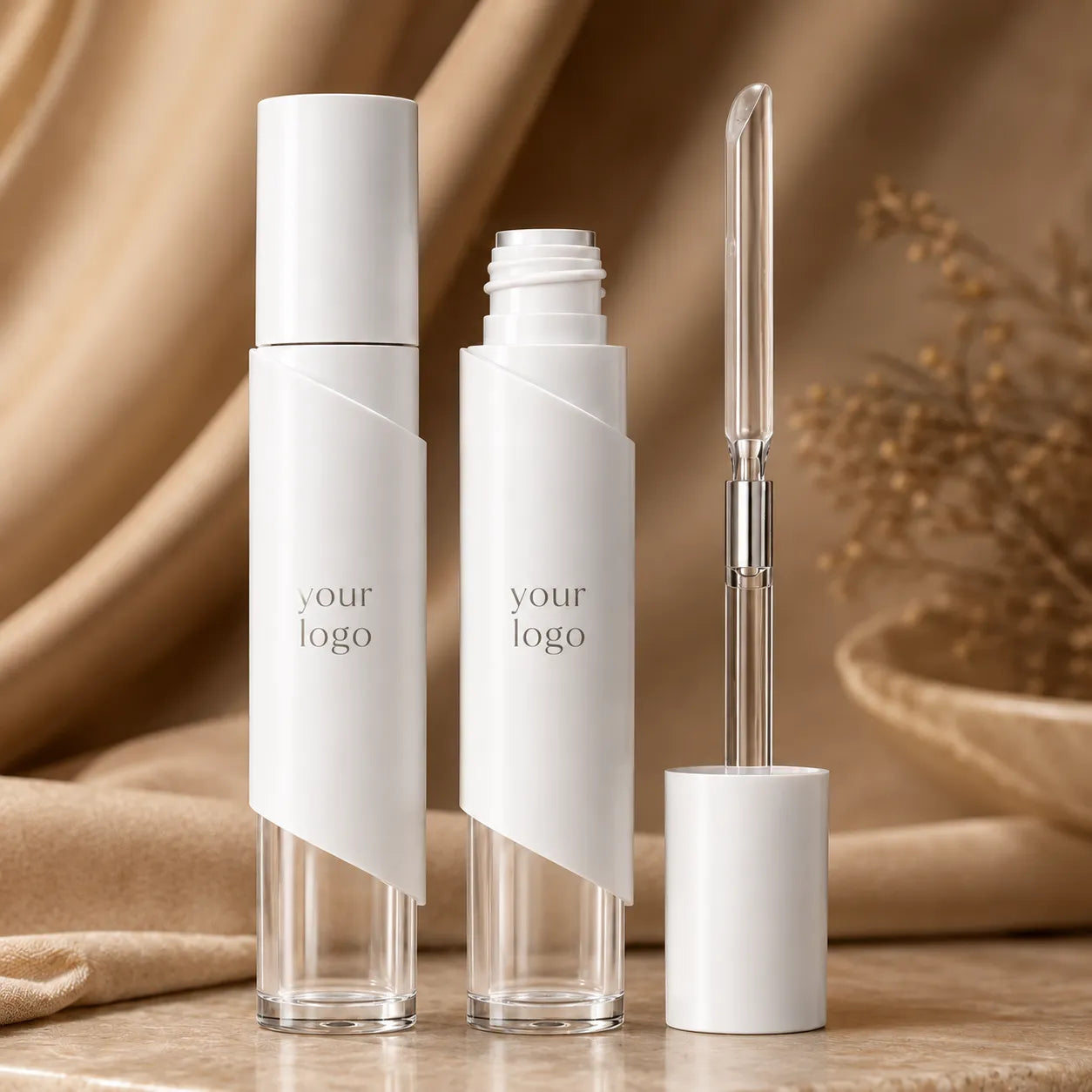 Empty foundation bottle with wand in clear glass packaging and white cap for liquid foundation cosmetic packaging