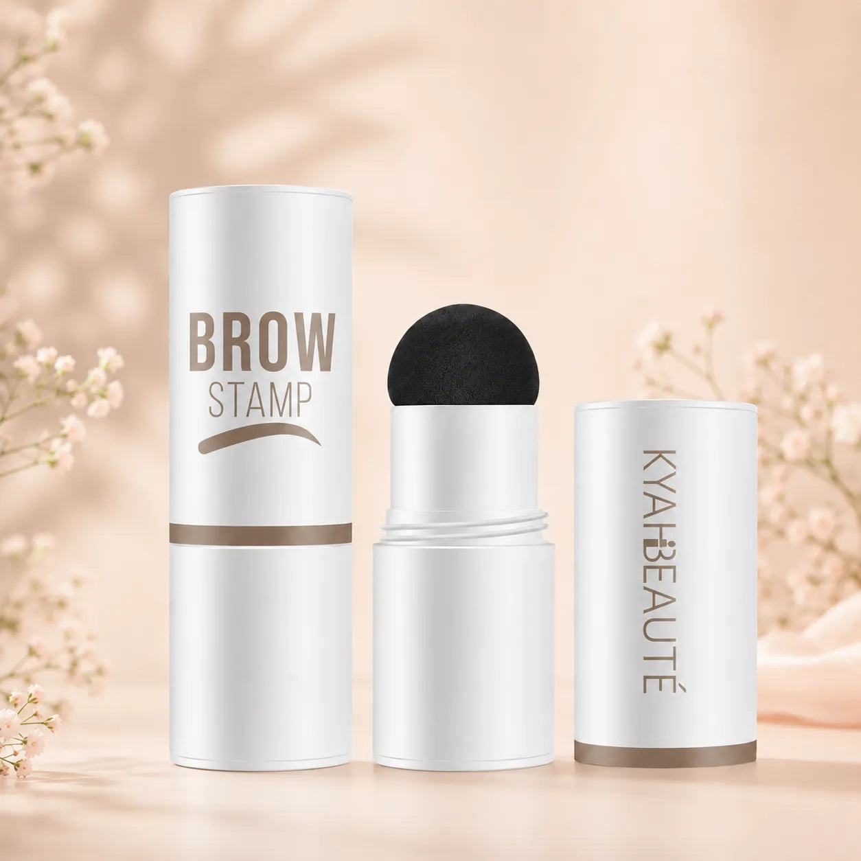 Eyebrow gel container in a brow stamp packaging design with cylindrical cap and sponge applicator.