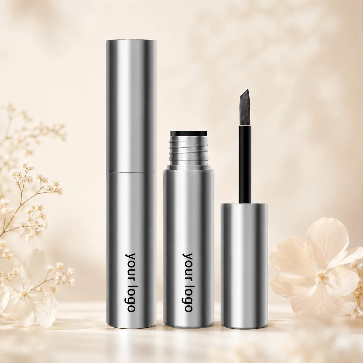 Eyebrow gel silver bottle with angled brush applicator for empty brow gel packaging.