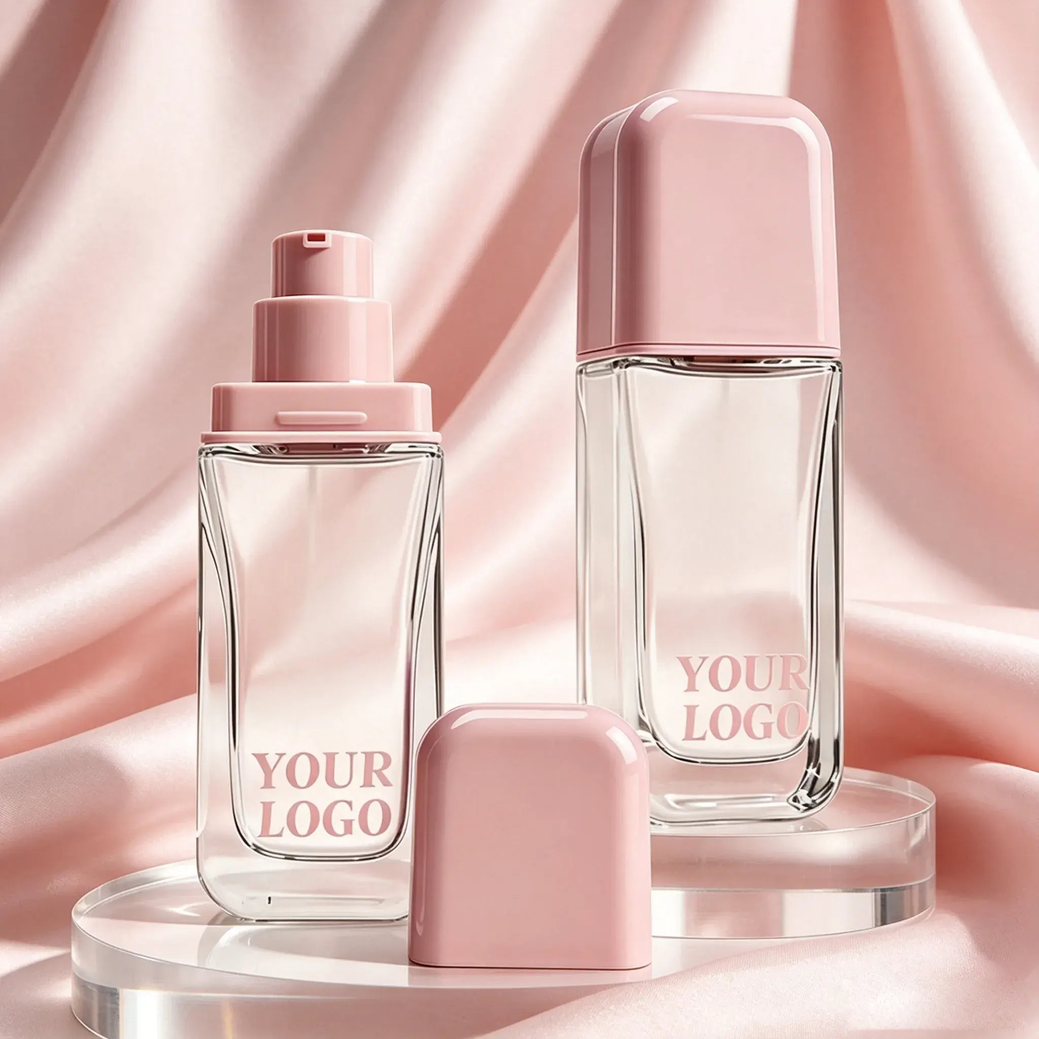Foundation pink bottle with pump dispenser and clear bottle body for liquid foundation cosmetic packaging