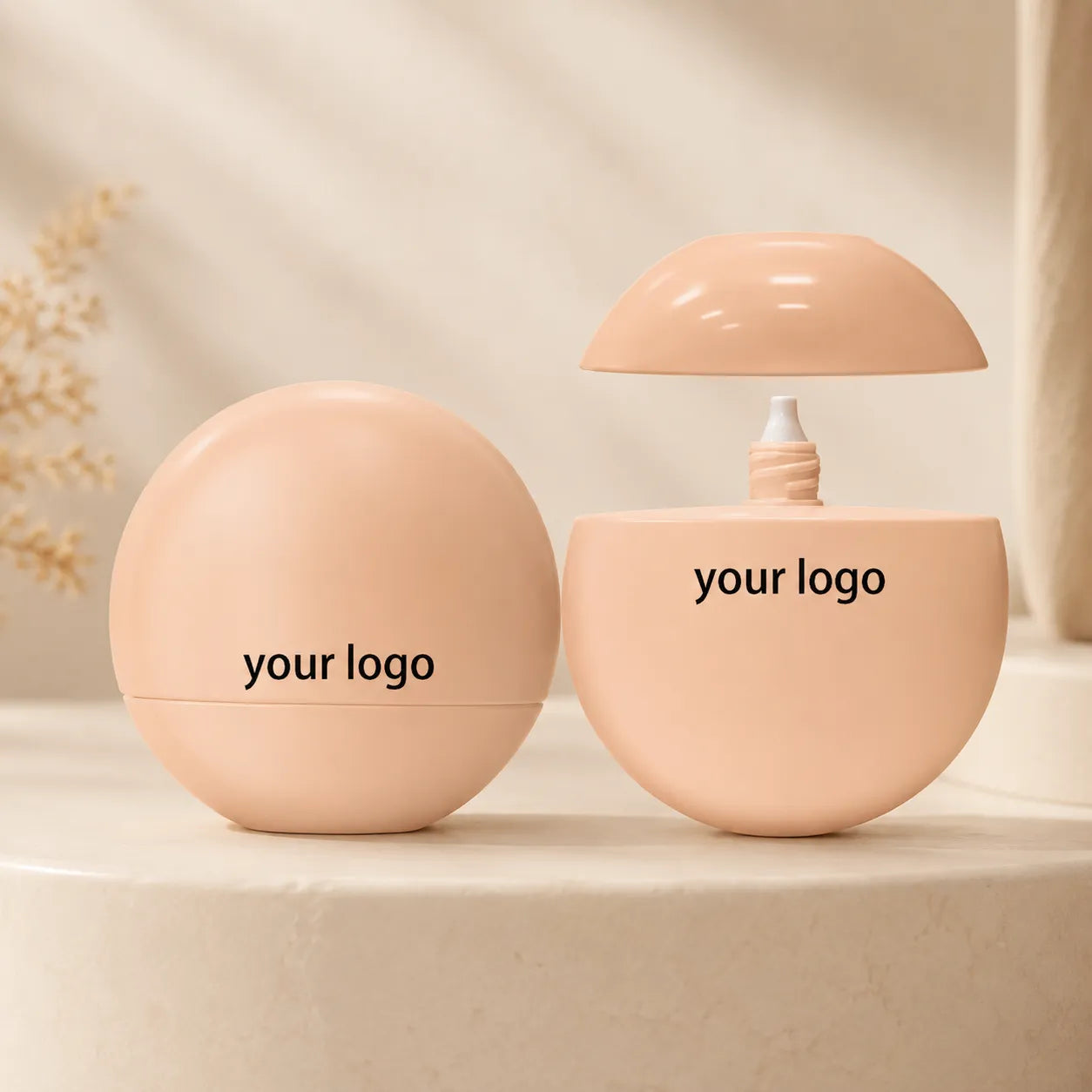 Foundation squeeze bottle in round beige cosmetic packaging with custom logo and open cap structure