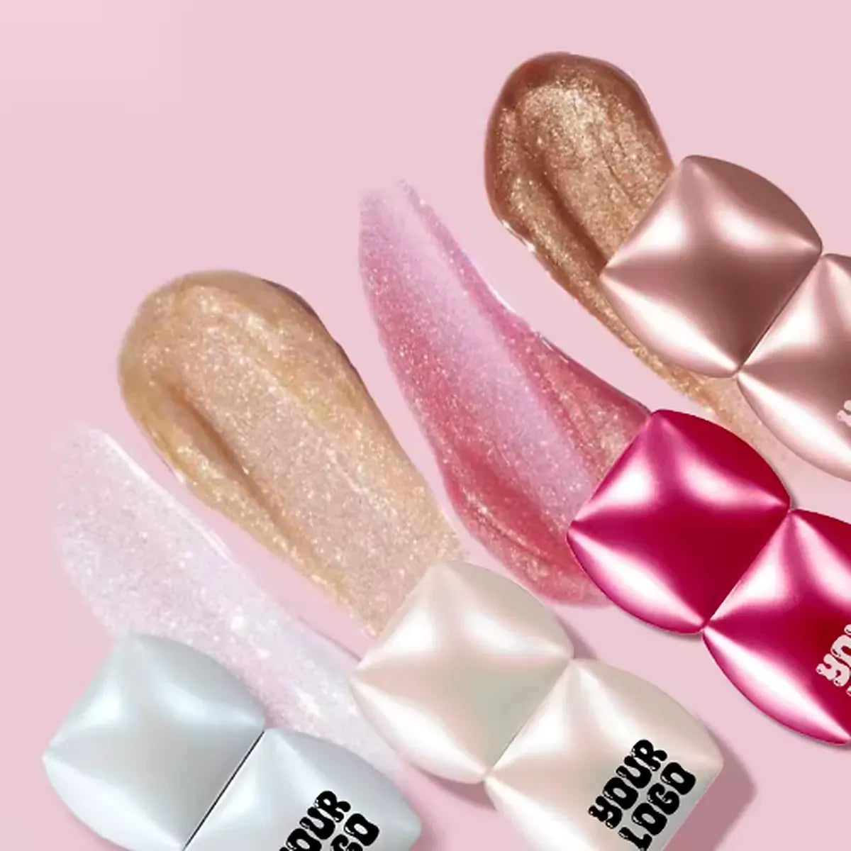 High end makeup wholesale lip gloss products with shimmer textures and decorative bow packaging for custom cosmetic collections.