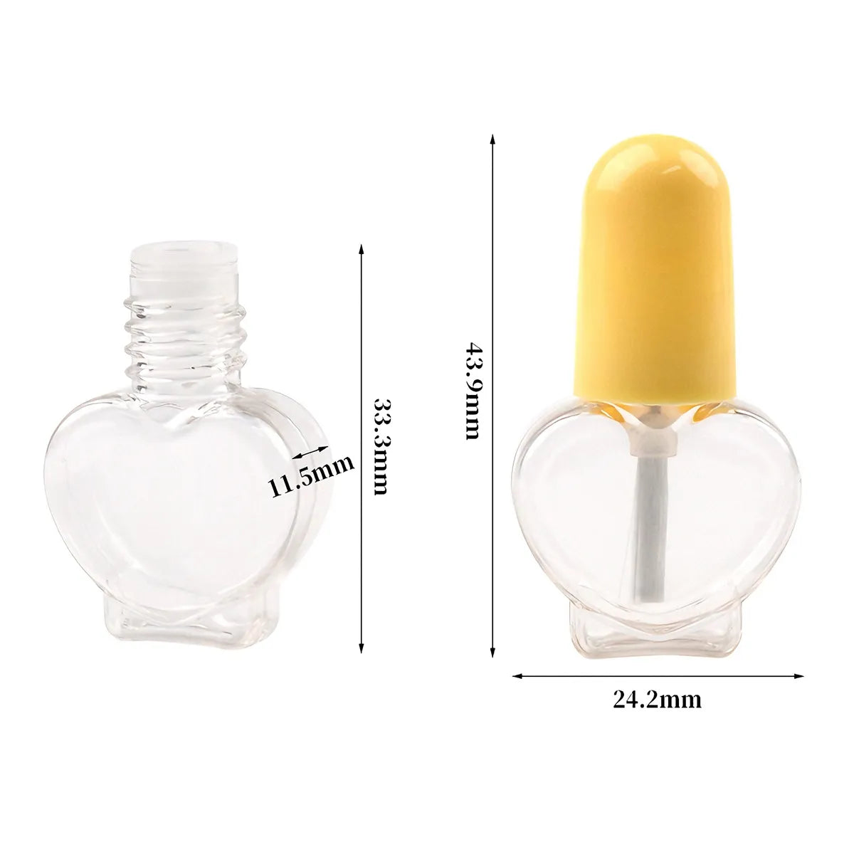 Kaiya 3ml nail polish bottle in a clear heart shaped design with yellow cap