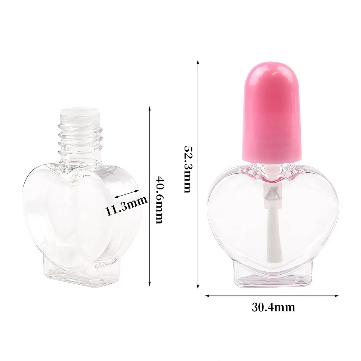 Kaiya 5ml empty nail polish bottles in a clear heart shaped design with pink cap