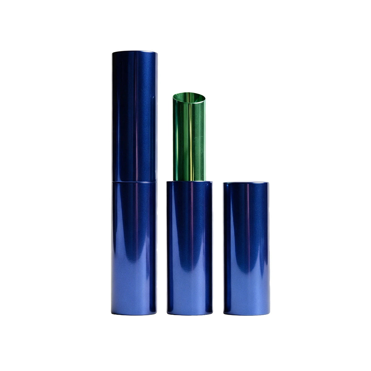Aluminum lip balm tubes in blue and green design by Kaiya
