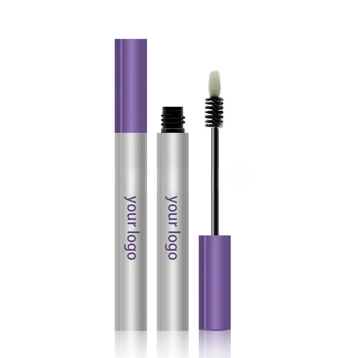 KAIYA aluminum mascara bottle in silver and purple finish with brush applicator for custom mascara packaging