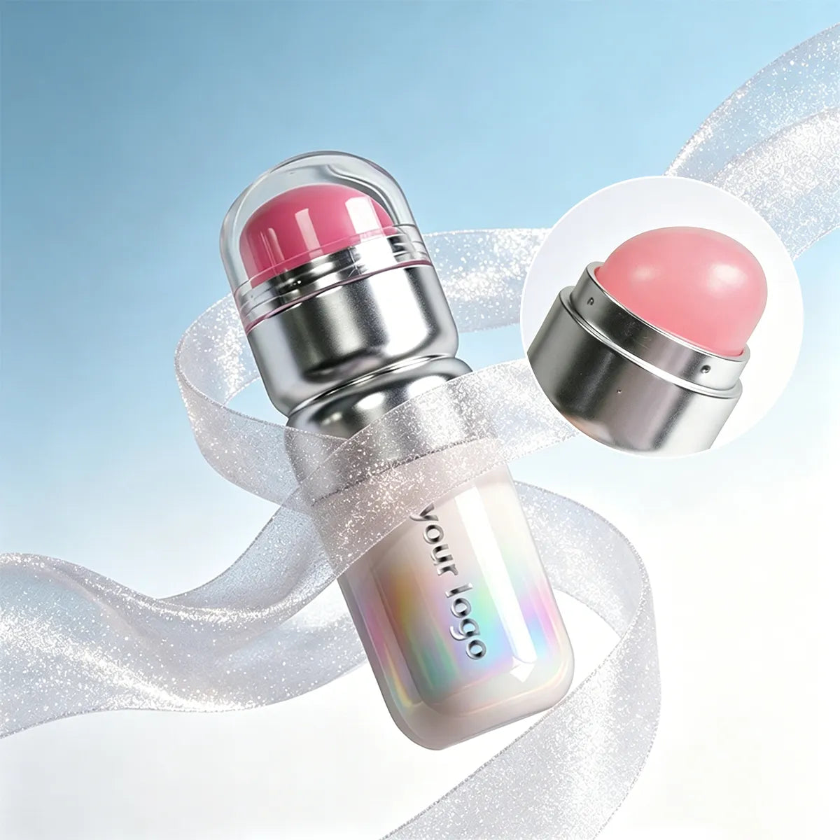 Kaiya blush container with a multi-functional applicator head, designed for cream blush application and blending.