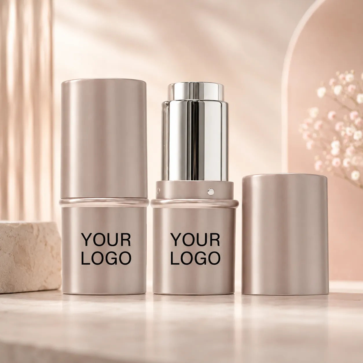 Kaiya blush stick gold packaging with metallic outer case and empty twist-up stick structure for cream blush products.